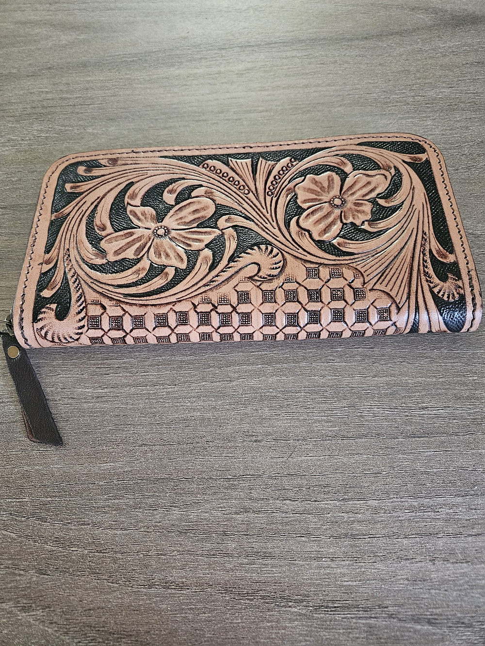 Tooled Floral Leather Zip Wallet in Brown and Black-NWOT